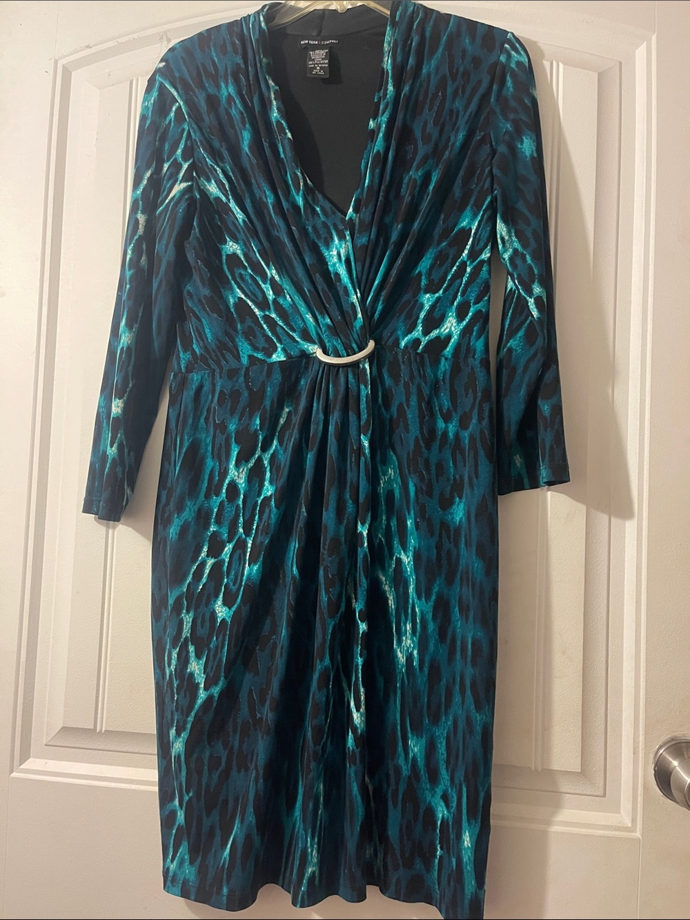 New York & Company Teal and Black Animal-Print Midi Dress